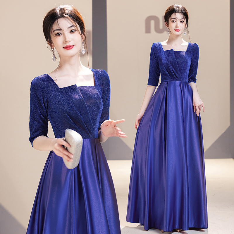 蓝色大合唱团演出服女长裙艺考比赛服装气质主持人表演晚礼服长款