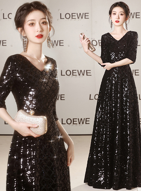 新款黑色合唱演出长款晚礼服装指挥钢琴主持年会走秀艺考大码长裙