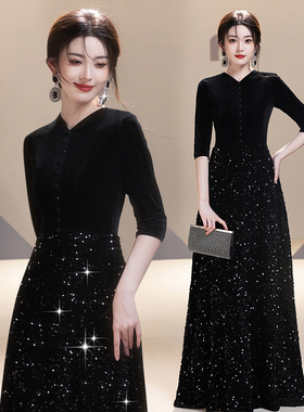 黑色V领指挥服晚礼服高级感宴会轻奢大合唱团演出女长裙钢琴演奏
