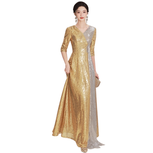 新款高端大合唱团演出服女金色晚礼服年会长裙走秀主持人表演服装
