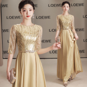 大合唱团演出服女金色朗诵主持人长裙宴会气质礼仪晚礼服指挥服装