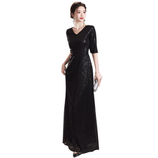 大合唱团演出服女黑色气质年会晚礼服长裙比赛走秀表演主持指挥服