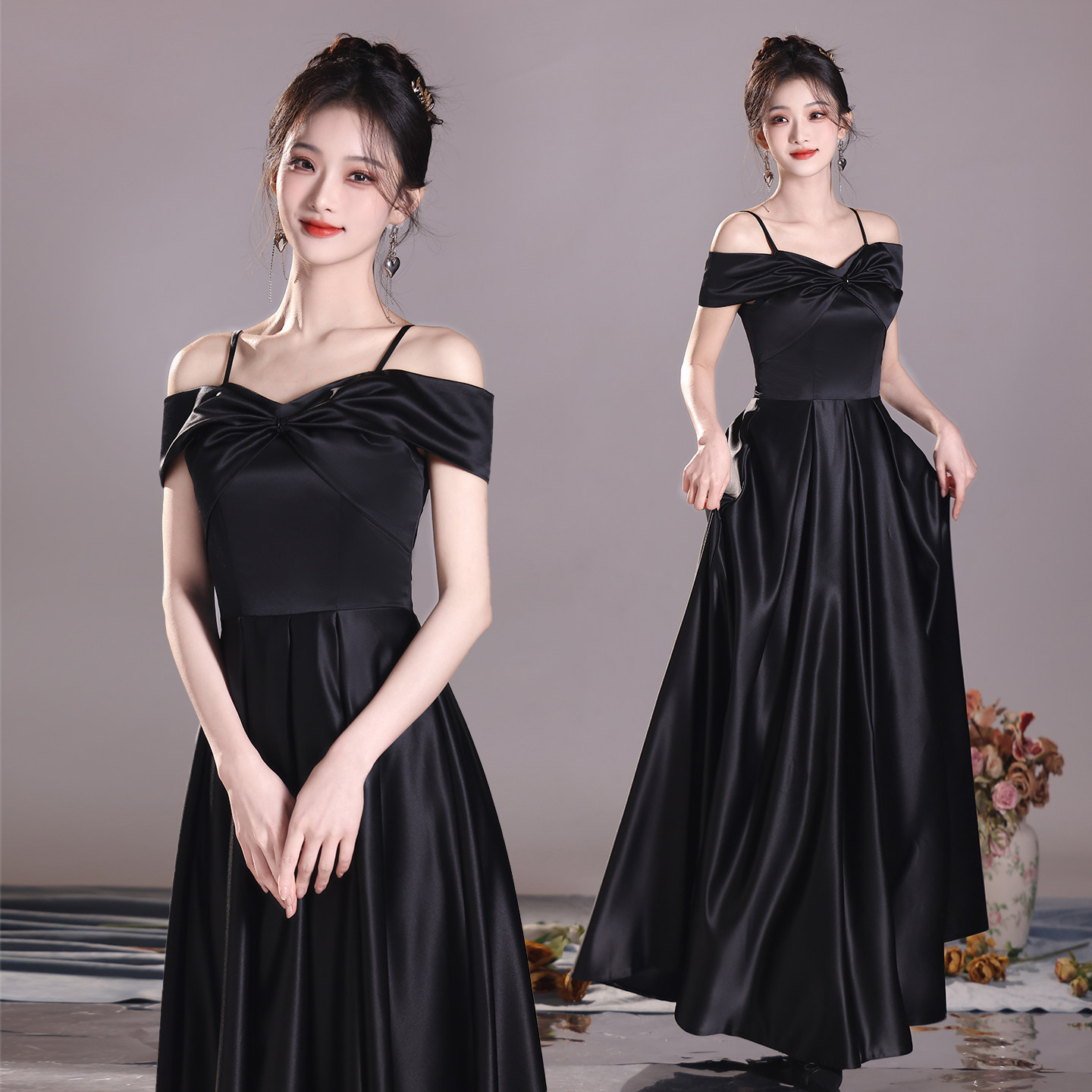 黑色一字肩高端晚礼服女成人礼图片