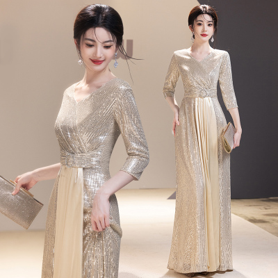 合唱团演出服女长裙新款香槟色亮片高端主持人气质轻奢年会晚礼服