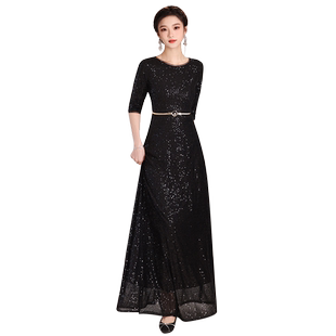 黑色大合唱团演出女主持指挥服钢琴演奏艺考表演成人晚礼服装长裙