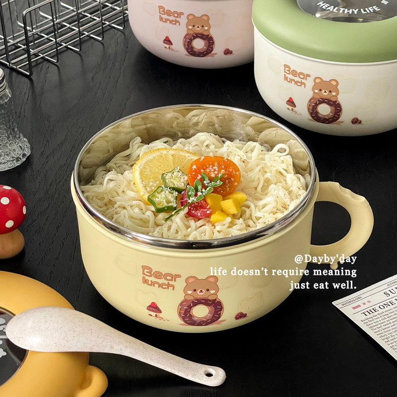 304不锈钢可爱学生带盖泡面碗