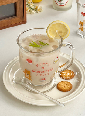 可爱卡通玻璃杯女高颜值ins风杯子个人专用喝水杯子家用早餐杯