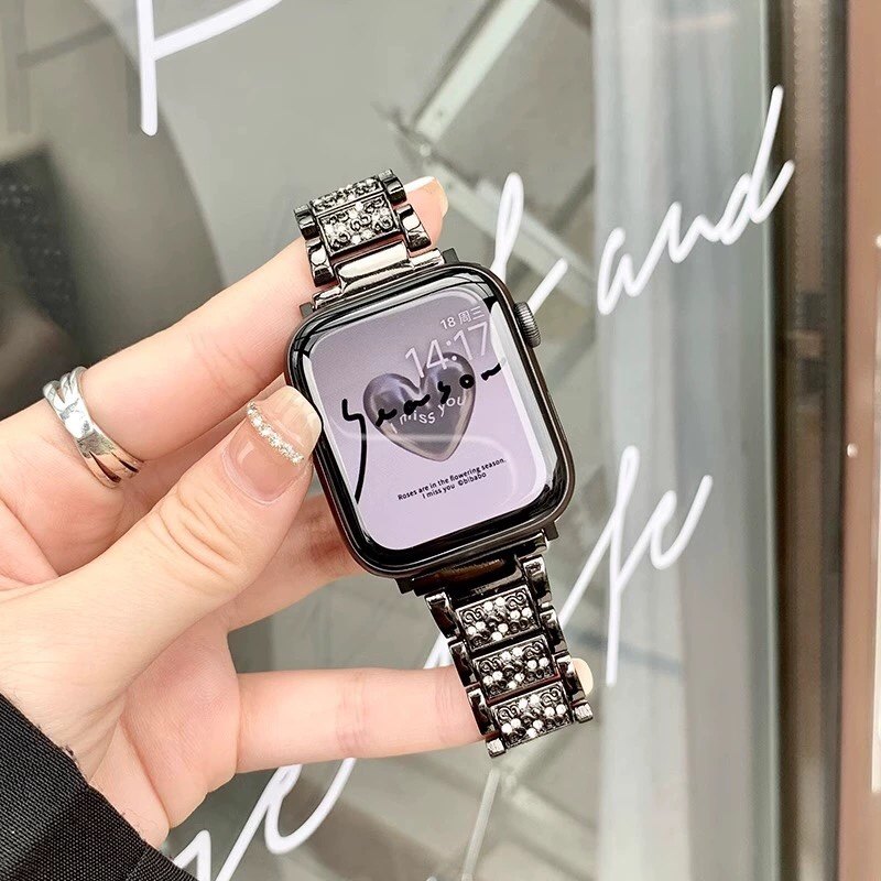 适用S12苹果手表带奢华水钻applewatch987时尚淑女款金属Se高级感