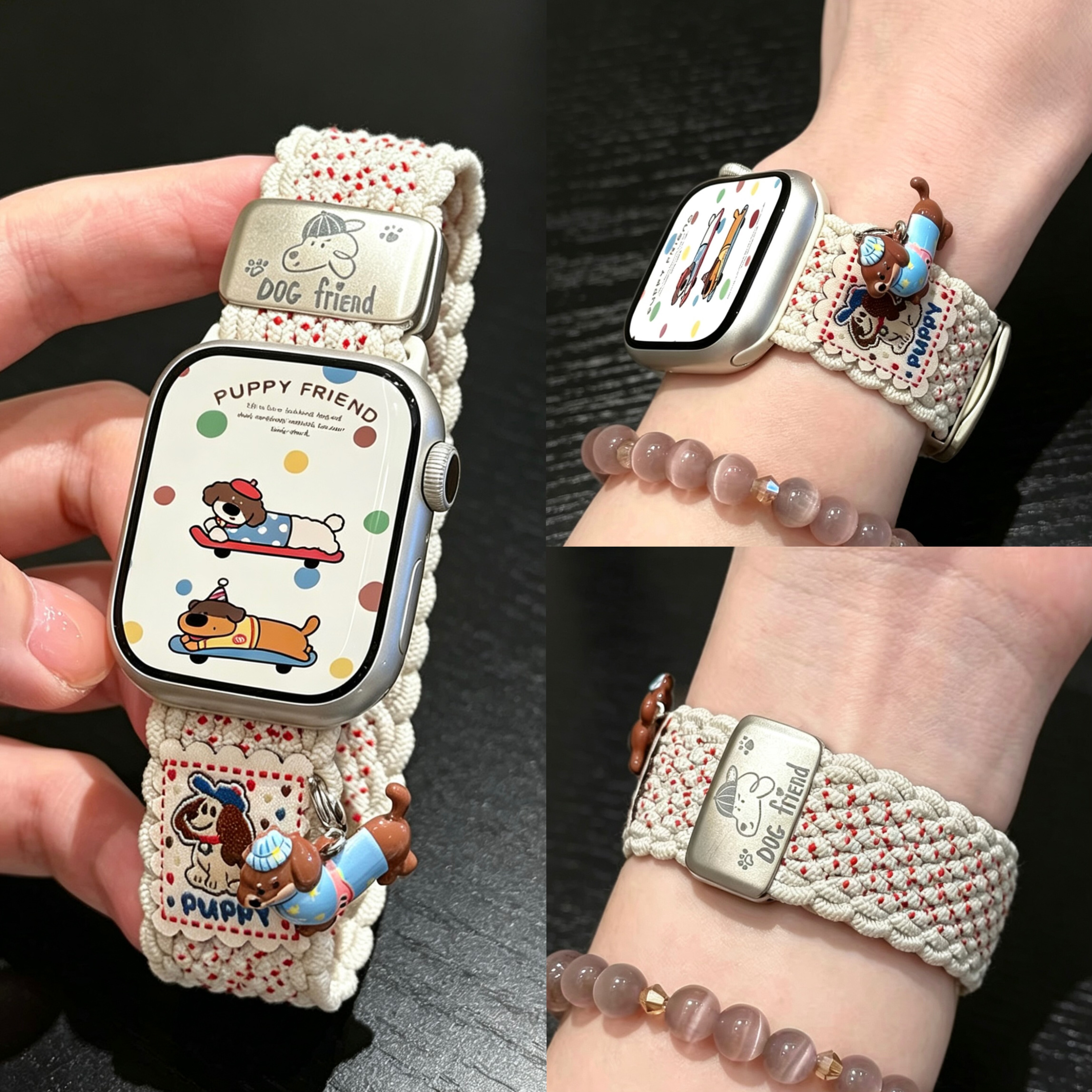 适用iWatchs11新款腊肠狗挂饰编织磁吸表带苹果S1098se华为Fit5/4