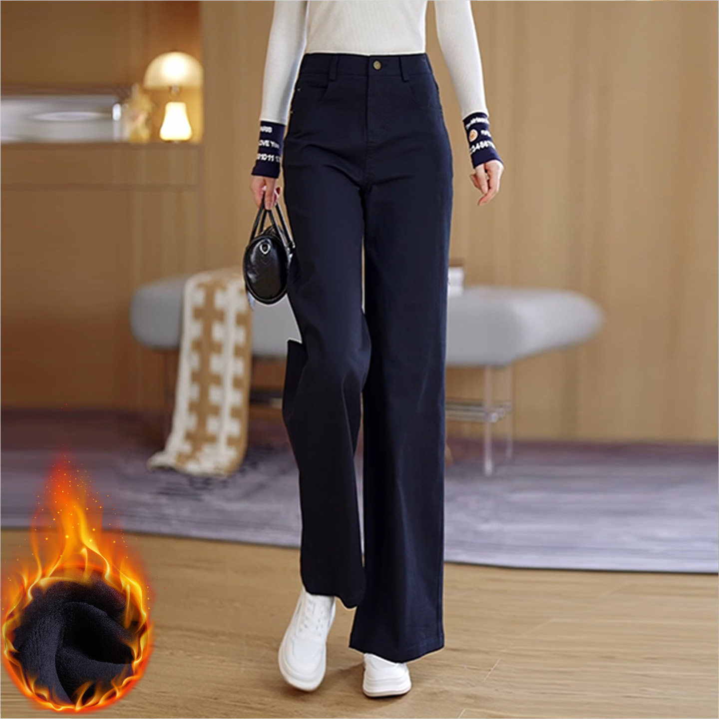 藏青色直筒微喇裤女高腰显瘦百搭