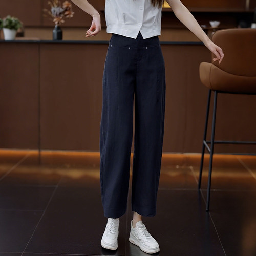 女士后松紧腰设计休闲窄版直筒裤