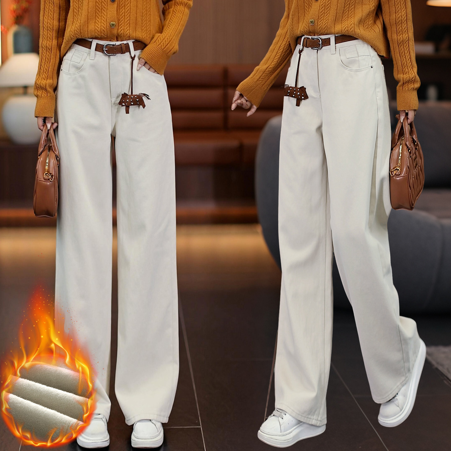 水洗棉软牛仔直筒裤女秋冬加绒加厚保暖长裤米白色高腰显瘦阔腿裤,女装/女士精品,牛仔裤,淘宝优惠券,粉丝福利购,淘宝优惠卷