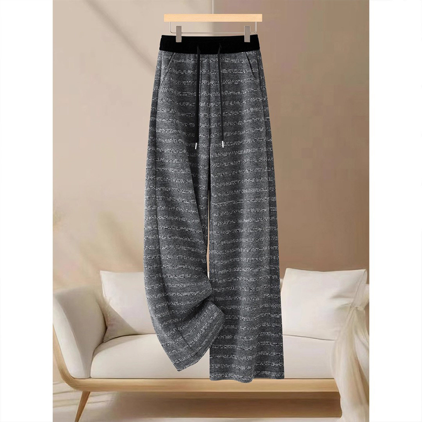 2025新款灰色条纹羊毛休闲阔腿裤女加绒加厚秋冬显瘦宽松直筒长裤,女装/女士精品,休闲裤,淘宝优惠券,粉丝福利购,淘宝优惠卷