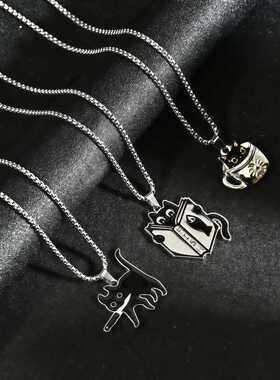 时尚潮酷黑色小猫咪项链