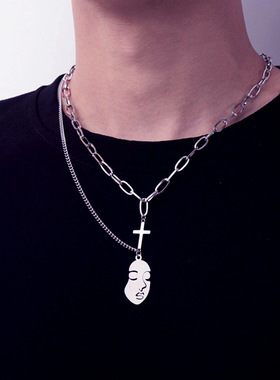 欧美潮牌人脸吊坠双层项链