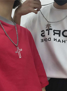欧美嘻哈枫叶十字吊坠项链