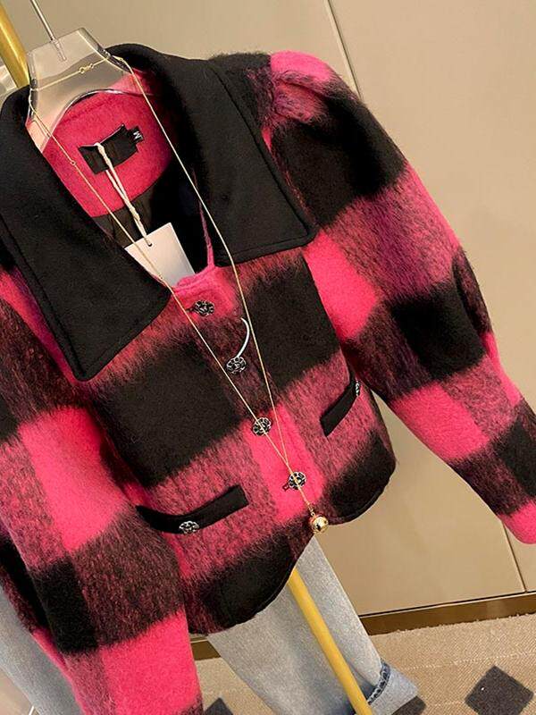 프랑스 사교계 명사 대조 색상 격자 무늬 기질 여성을위한 작은 향기로운 카디건 모직 코트 겨울 새 스타일 긴팔 탑