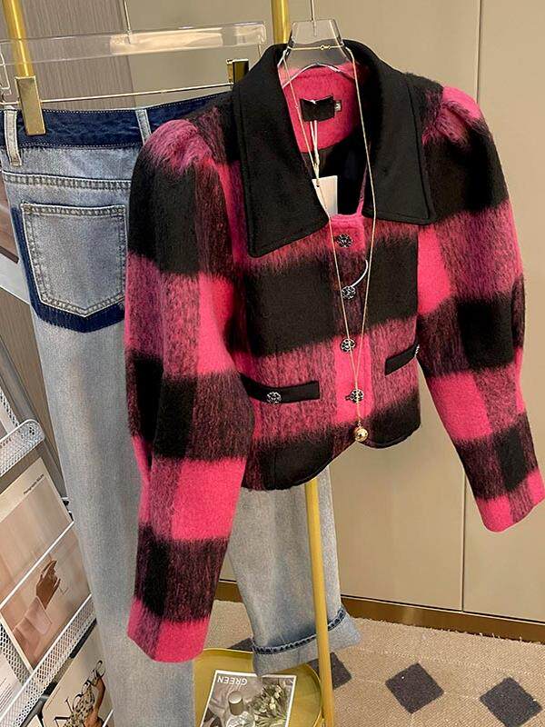 프랑스 사교계 명사 대조 색상 격자 무늬 기질 여성을위한 작은 향기로운 카디건 모직 코트 겨울 새 스타일 긴팔 탑