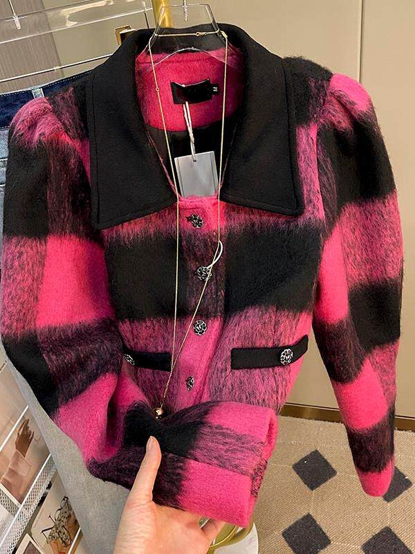 프랑스 사교계 명사 대조 색상 격자 무늬 기질 여성을위한 작은 향기로운 카디건 모직 코트 겨울 새 스타일 긴팔 탑