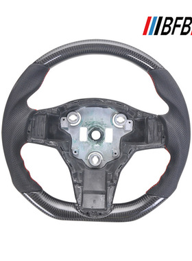 适用于特斯拉Model 3 Y 黑色碳纤维黑色打孔皮红色缝线方向盘改装