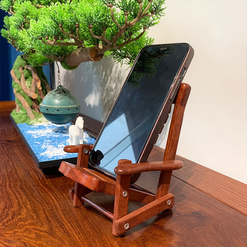 缅甸花梨木手机架红木摇椅工艺品手机托摆件大果紫檀木手机支架