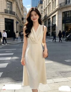 【品牌同款】雅女装2026夏季新款麻感三醋酸收腰V领a摆无袖连衣裙