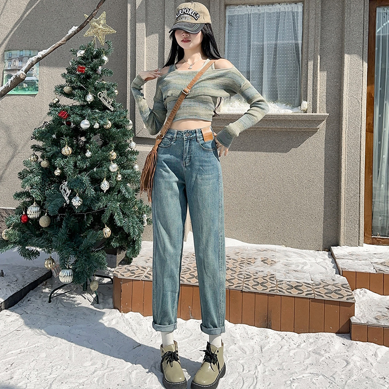 大码胖妹妹mm牛仔裤女秋冬大码梨形身材显瘦裤子直筒哈伦裤九分潮