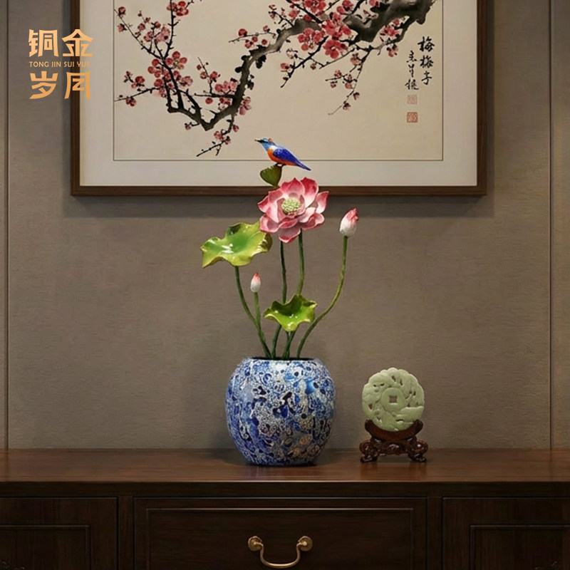 全黄铜荷花摆件工艺品新中式家居客厅壁柜壁柜玄关电视柜装饰品