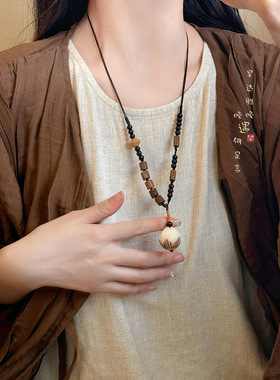 古风禅意松子木珠吊坠项链