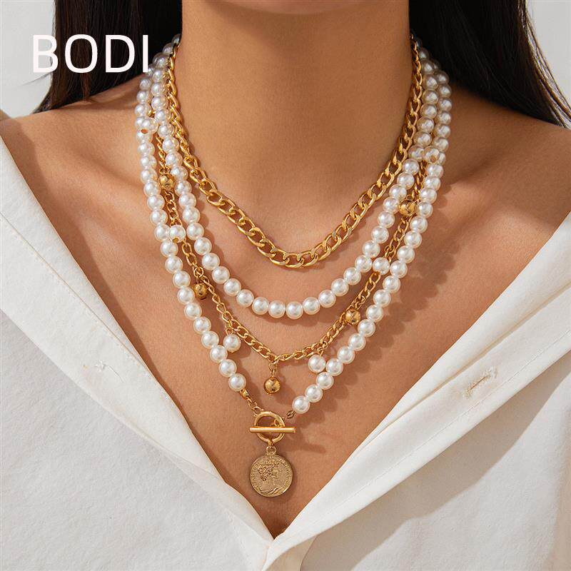 欧美跨境饰品 法式优雅珍珠串珠项链 时尚通勤合金多层铝链锁骨链