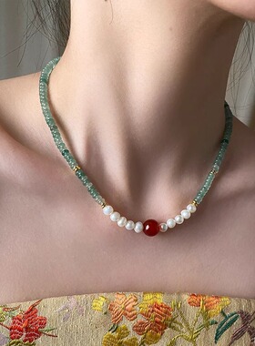 复古绿琉璃东陵玉淡水珍珠项链