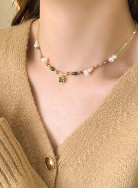 淡水珍珠绿锆石轻奢锁骨链