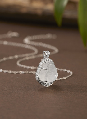 新中式复古银质玉石吊坠缎带项链