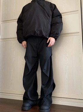 G2 美式褶皱西裤伞兵裤工装阔腿男宽松休闲高级感纯黑色西裤潮