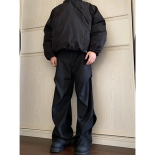 G2美式复古黑色西裤工装男款褶皱垂感微喇cleanfit宽松直筒休闲裤