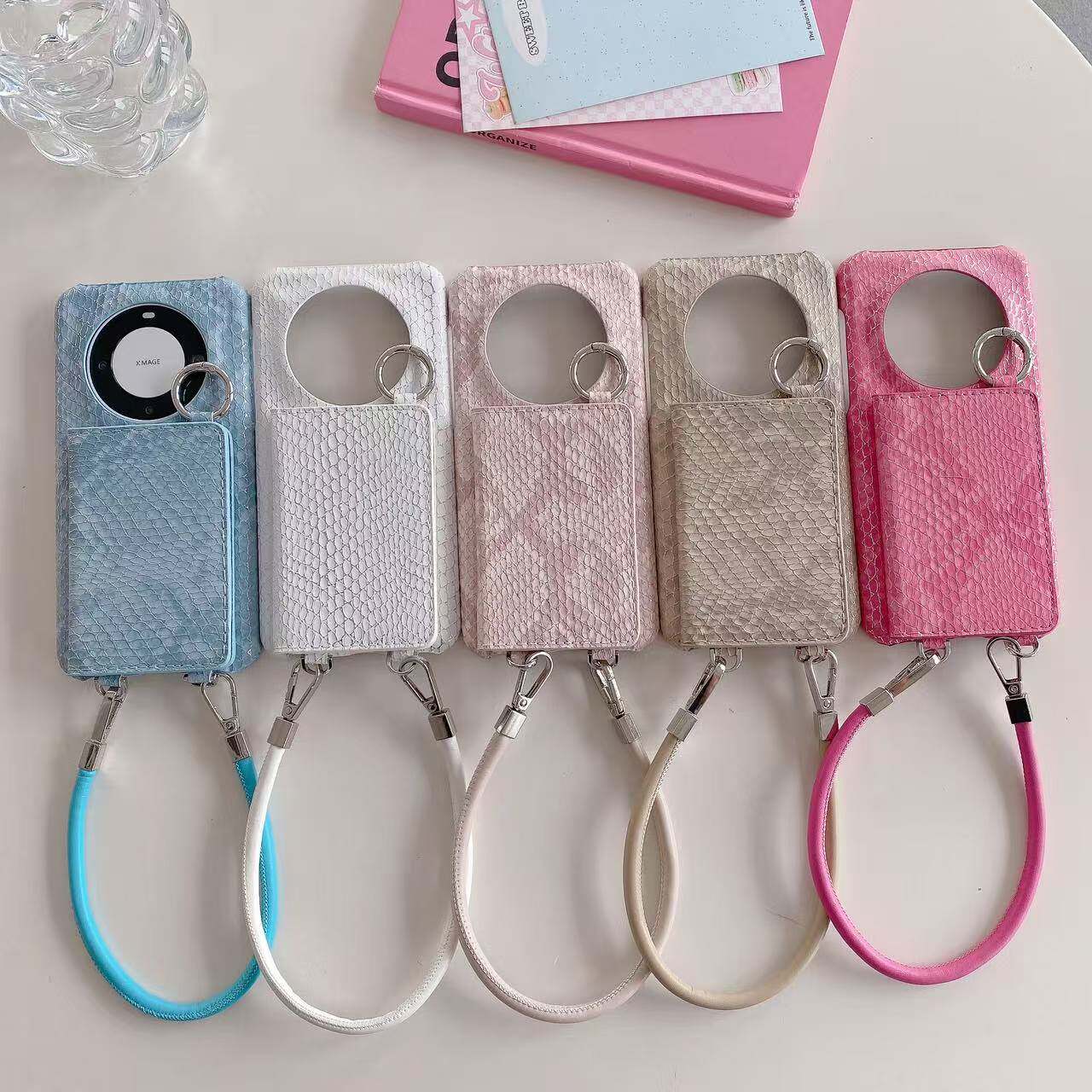 镜子零钱插卡包一体适用华为mate60pro手机壳pura70保护套mate50可放卡p60华为mate40手腕挂绳p40pro皮手机壳