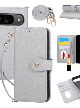 谷歌翻盖插卡斜挎适用谷歌pixel10pro手机壳9proxl保护套Googlepixel8a手提挂绳7pro补妆镜子皮质6可放卡装卡