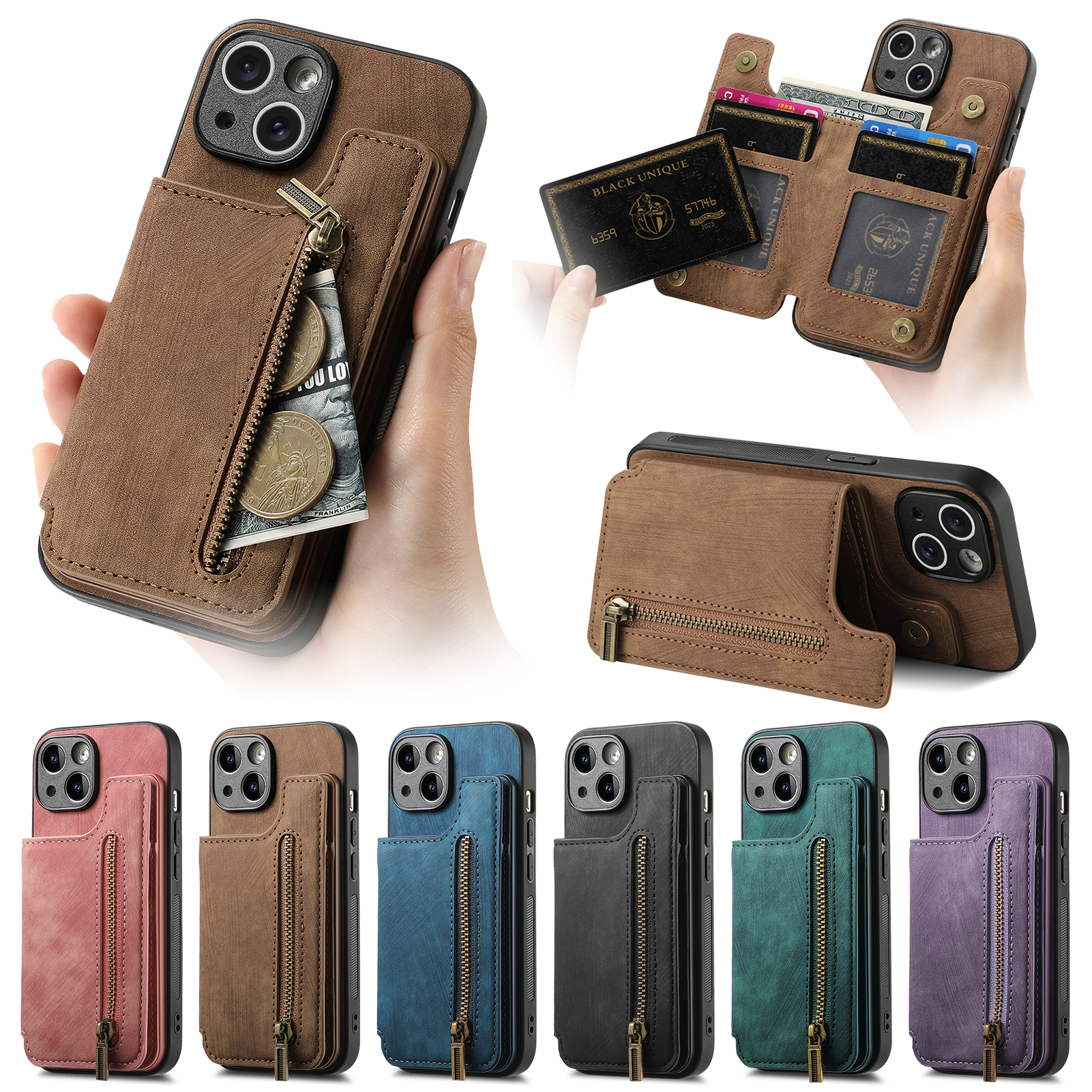 苹果16拉链零钱包卡套适用iphone15手机壳卡包苹果14promax全包镜头12mini可放卡13背贴15插卡11外壳7plus支