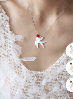 天然白贝壳飞燕 贝母白鸽燕子红玛瑙紫水晶项链锁骨链 钛钢XL636