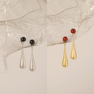 天然红玛瑙耳钉 氛围哑光水滴耳饰复古高级感钛钢镀金ED217 新中式