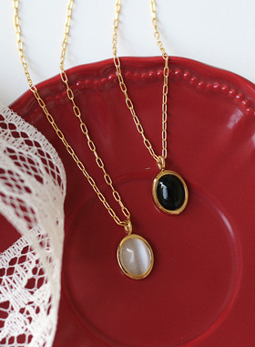 XL390 黑白色猫眼石丝绒光泽椭圆复古项链锁骨链 钛钢镀18K金保色