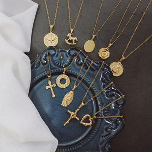 古董vintage设计十字玫瑰花木马爱心项链毛衣链钛钢镀金长款链