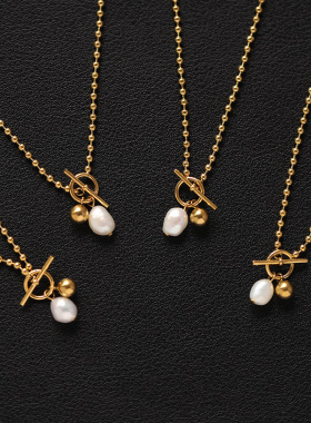 XL470 极简INS度假风OT扣天然珍珠项链锁骨链 钛钢首饰