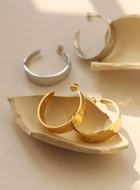 35mm直径海纹耳圈锤打纹锡纸水波圆形圈形耳环 钛钢镀18K金 ED233