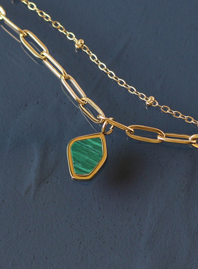 不规则几何条纹绿孔雀石双层链条手链 钛钢镀18k金 SL013