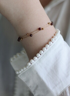 金珠链条天然石榴石酒红手链