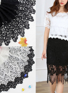 diy优质黑白色刺绣花布牛奶丝水溶花边满幅 裙子下摆装饰服装辅料