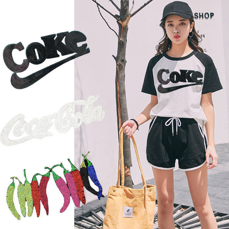 diy菠萝刺绣亮片衣服布贴大号英文装饰T恤包包修补破洞辅料补丁贴