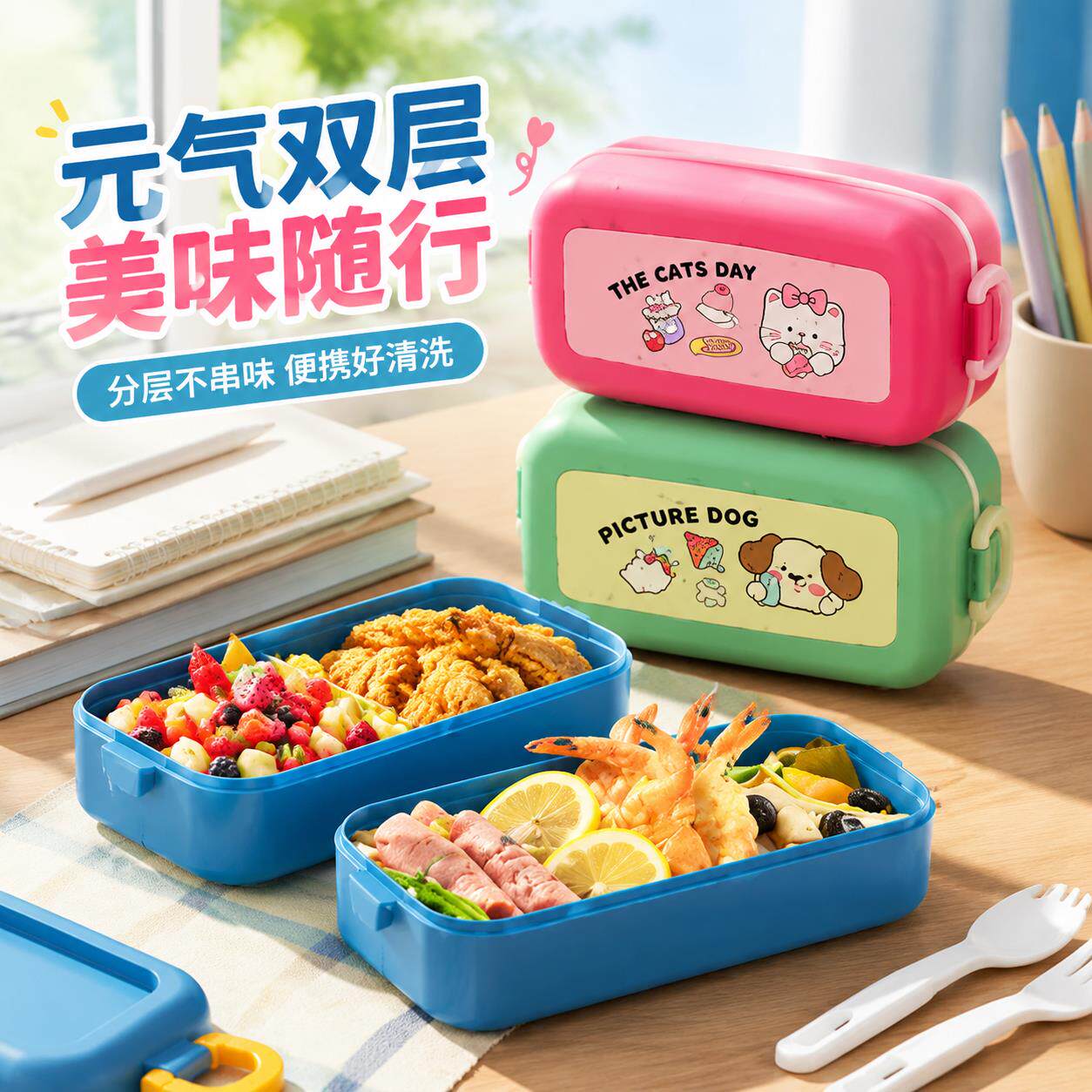 饭盒小学生专用饭菜分离双层微波炉加热午餐盒便携密封卡通便当盒