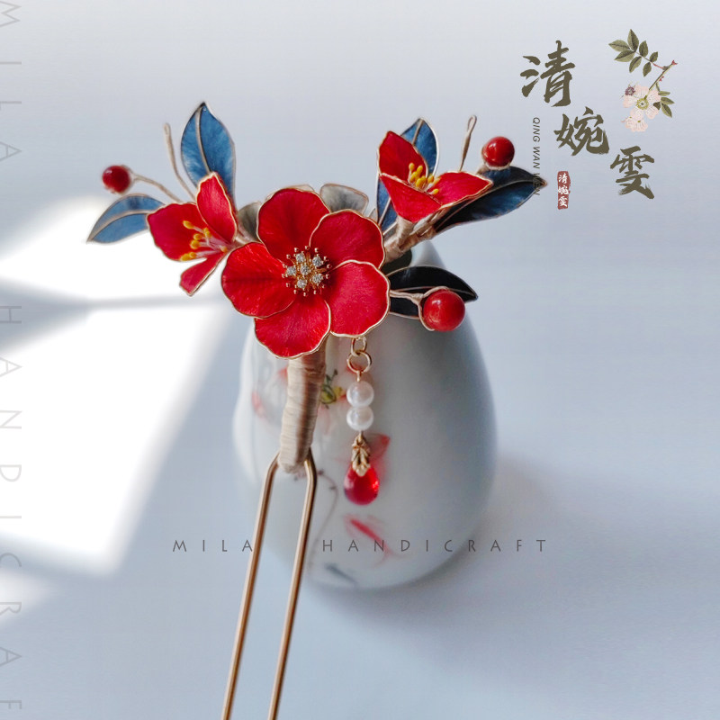 清婉雯绒花掐丝杜鹃花木簪非遗